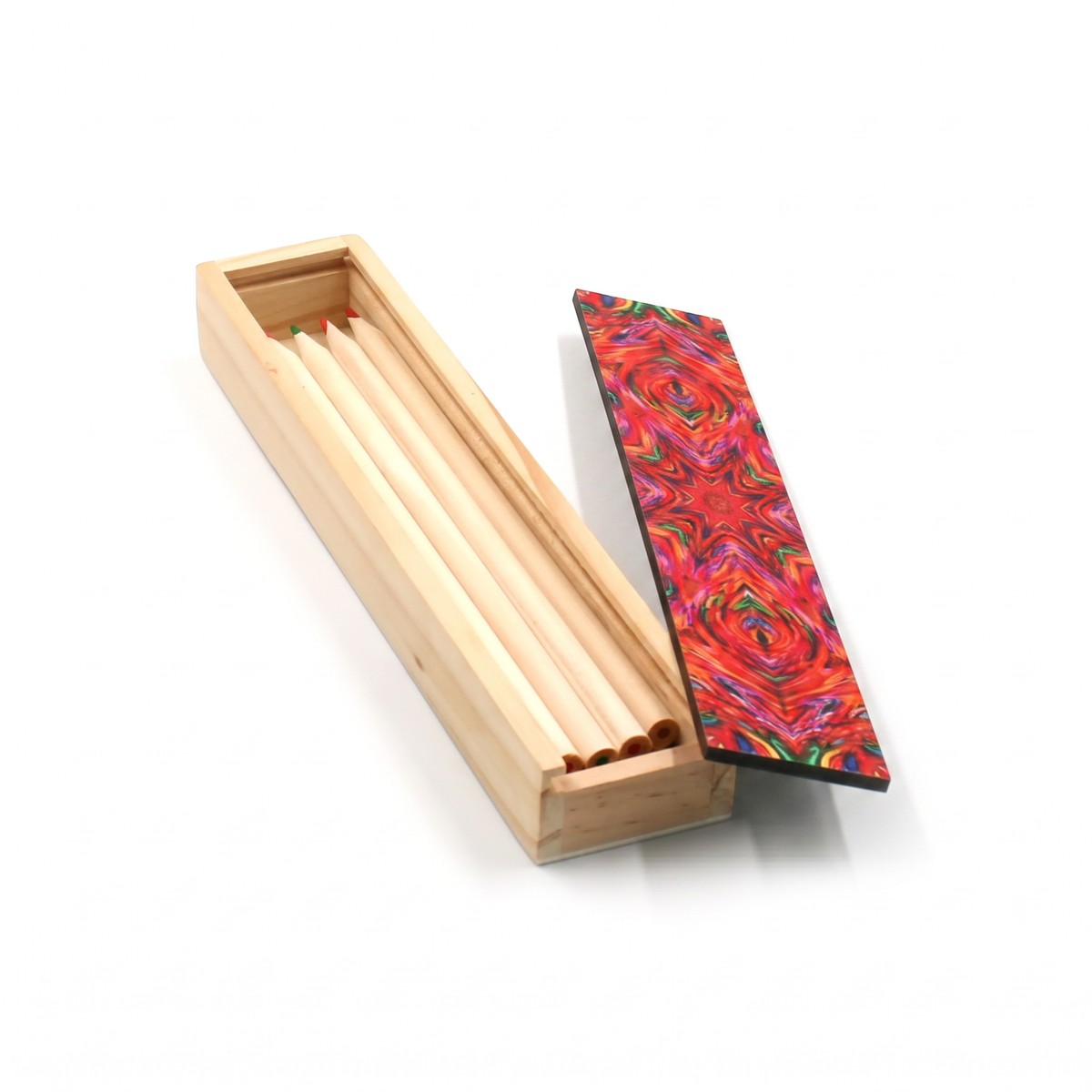 Personalisiertes Holz-Stiftemäppchen mit Buntstiften 3 Estuche de madera personalizado de 8 lápices, abierto