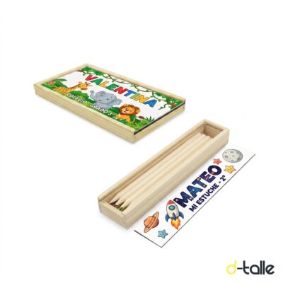 Estuche de madera personalizado con lápices de colores y tapa con nombre