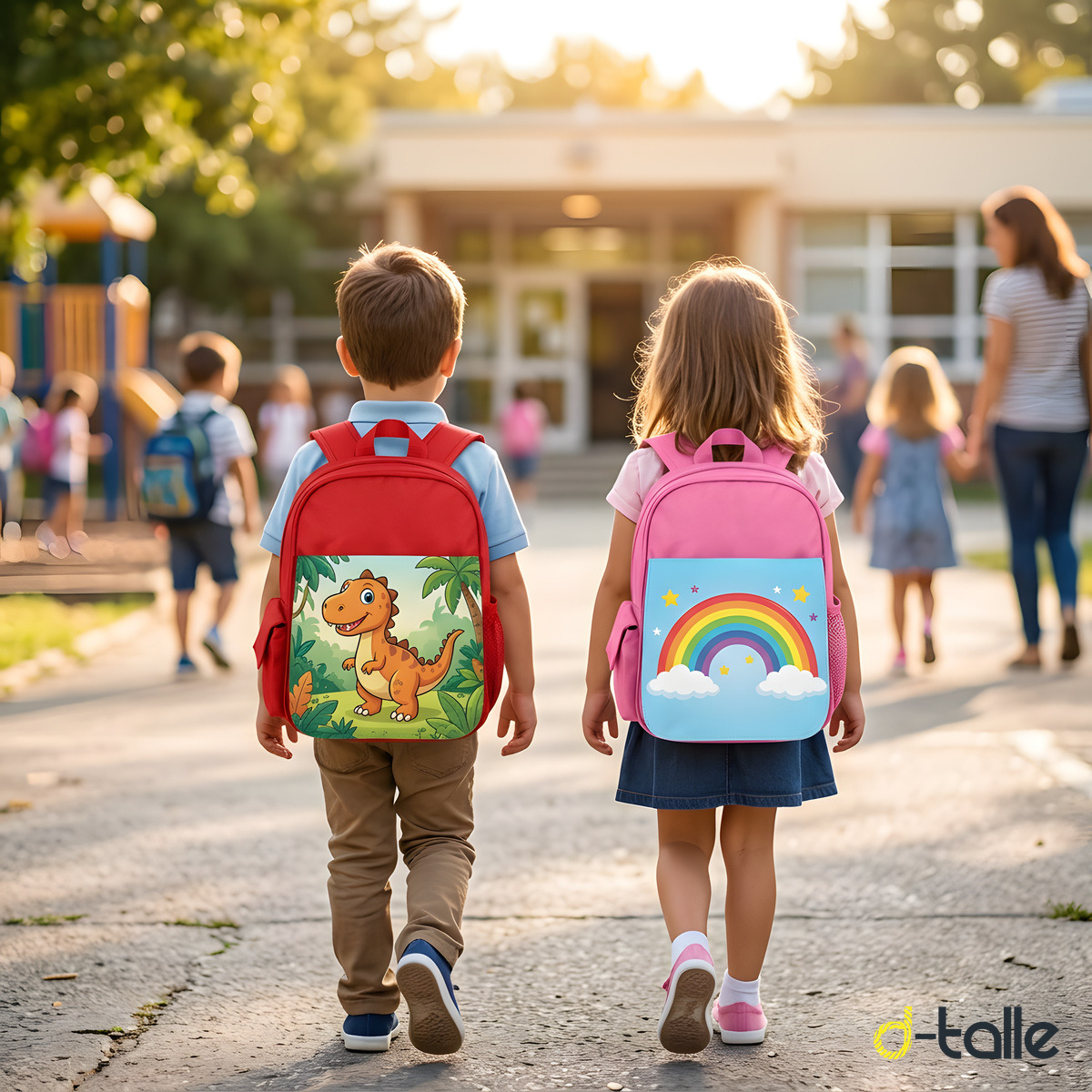 Motxilla infantil personalitzada 2 Niña y niño camino del cole con sus mochilas infantiles personalizadas