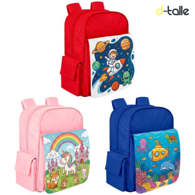 Mochila infantil personalizada en rojo, rosa y azul, cada una con un diseño distinto impreso en la solapa