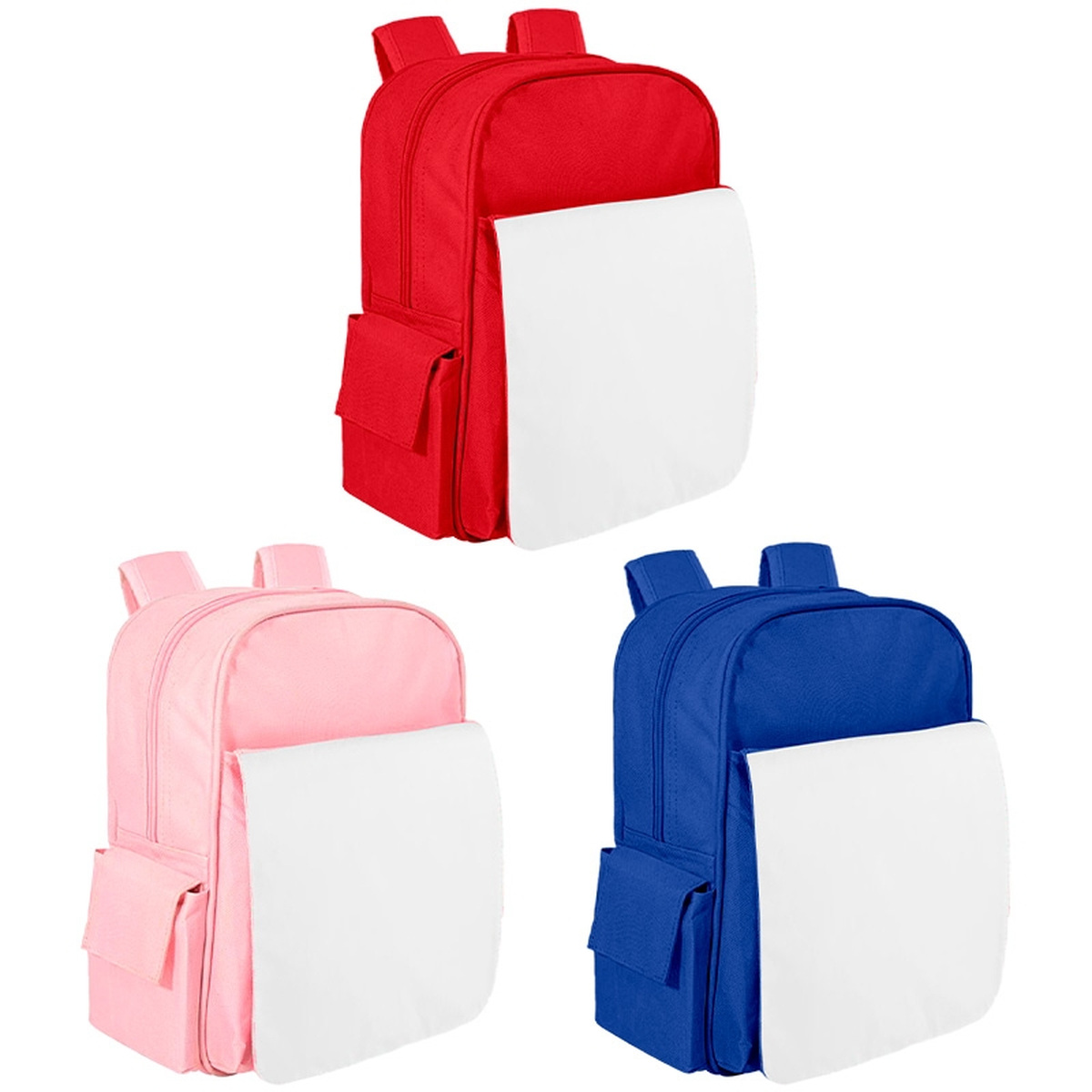 Motxilla infantil personalitzada 3 Mochila infantil personalizada en rojo, rosa y azul con solapa blanca