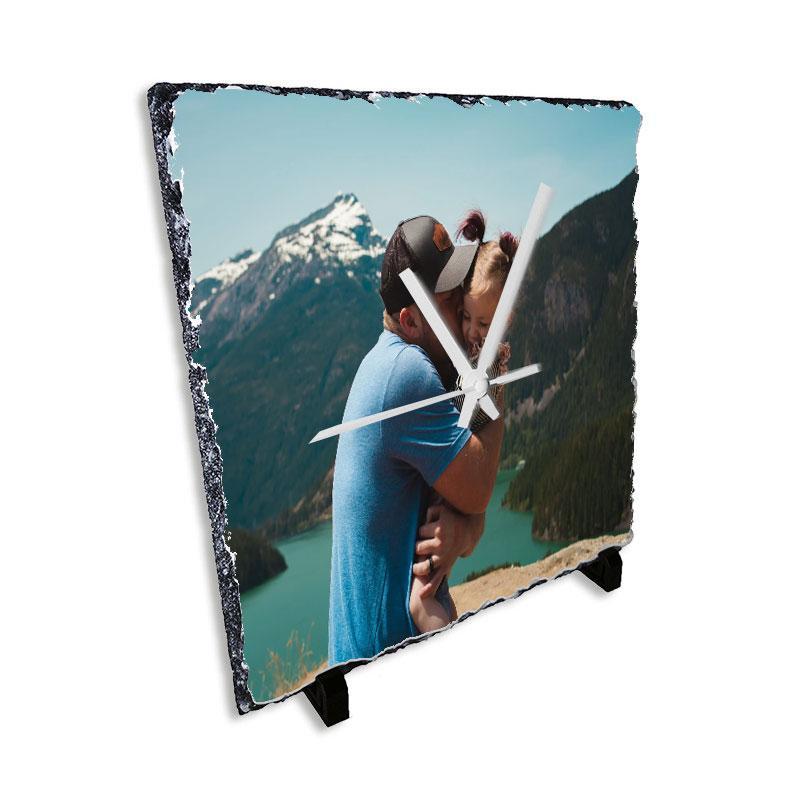 Personalisierter Schiefer-Fotohalter mit Uhr 2 portafoto piedra pizarra