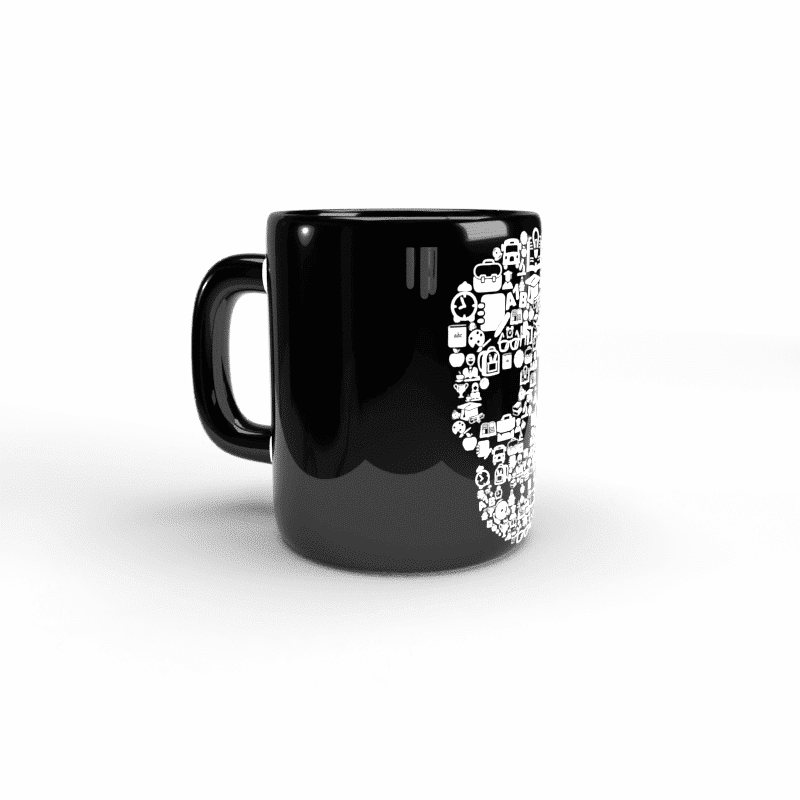Taza negra Calavera con iconos Taza negra Calavera con iconos