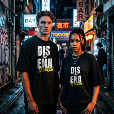 Camiseta oversize personalizada unisex — chico y chica con camiseta oversize negra con diseño Diseña Tu Imagen