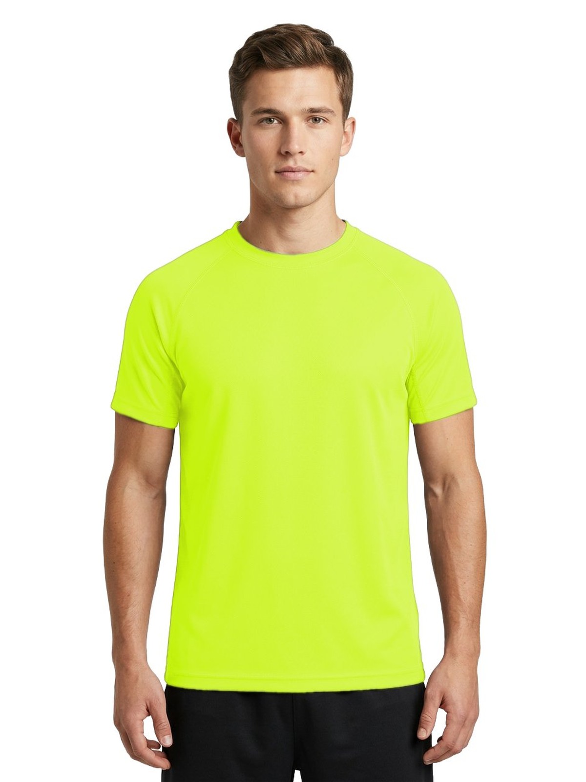 Samarreta tècnica personalitzada home 32 Camiseta técnica personalizada para hombre color amarillo flúor — vista delantera