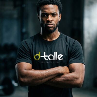 Ropa deportiva personalizada 7 Camiseta técnica personalizada para hombre — modelo con camiseta deportiva negra personalizada
