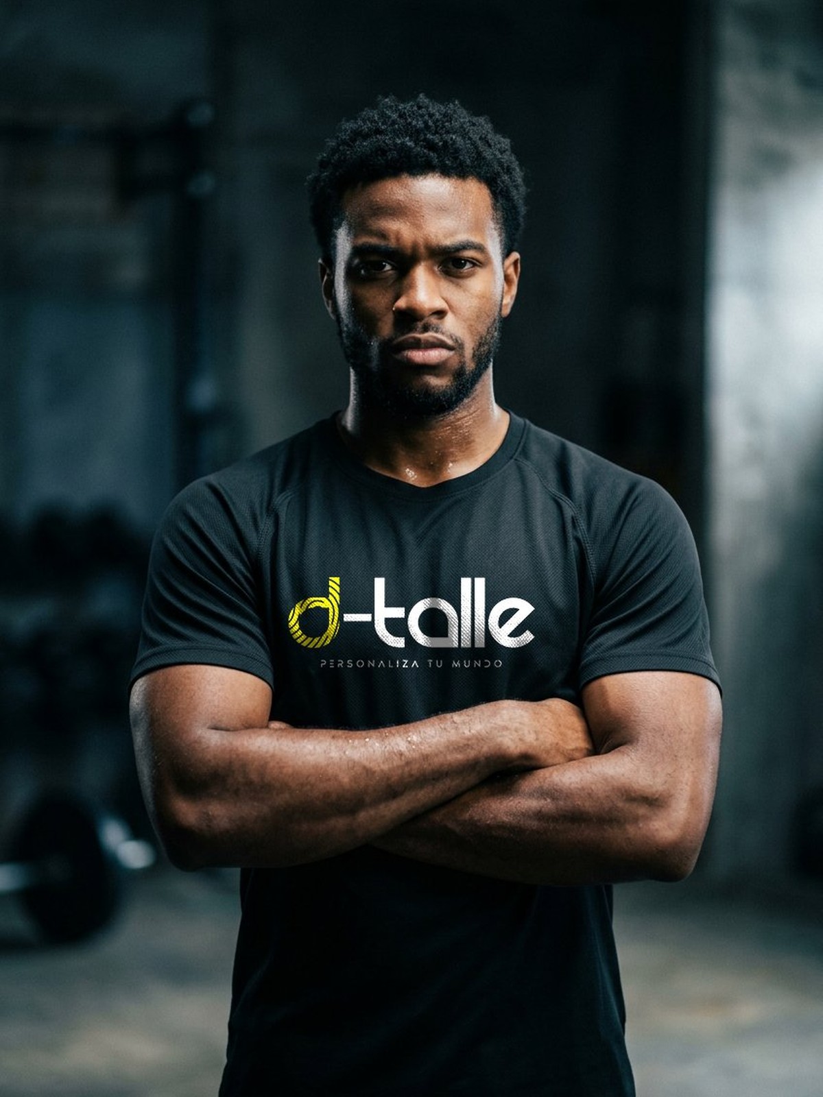 Samarreta tècnica personalitzada home 1 Camiseta técnica personalizada para hombre — modelo con camiseta deportiva negra personalizada