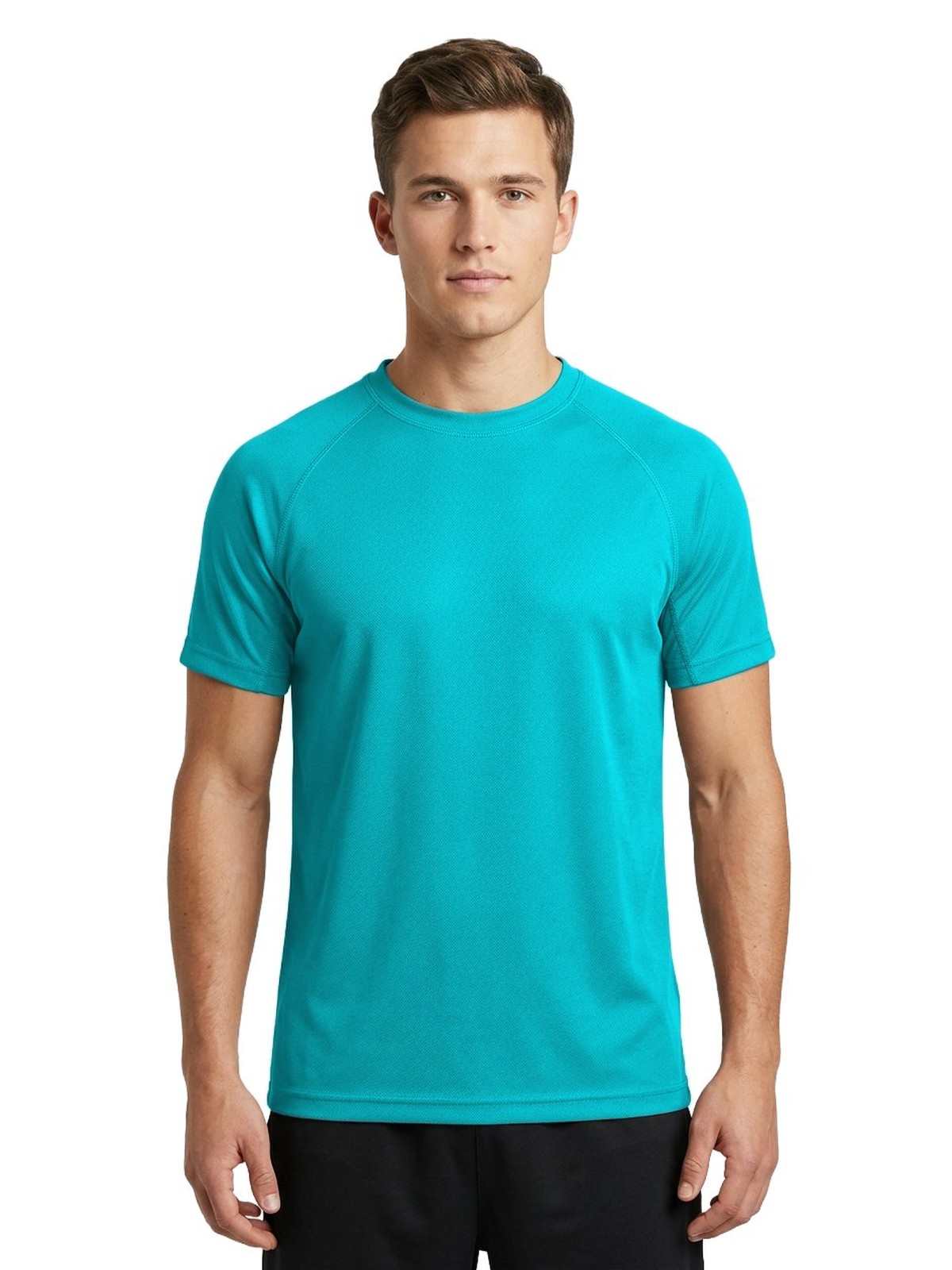 Samarreta tècnica personalitzada home 29 Camiseta técnica personalizada para hombre color turquesa — vista delantera