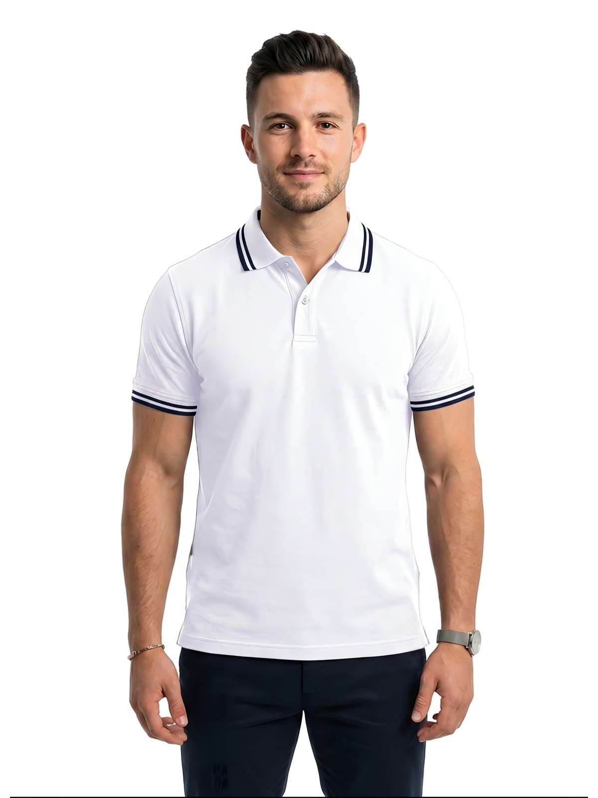 Personalisiertes Poloshirt Herren 26 Personalisiertes Poloshirt Herren in blanco / Navy — Vorderansicht