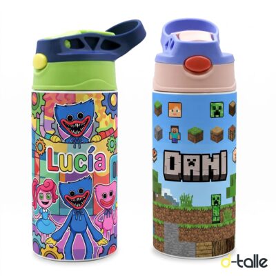 Botella infantil de acero personalizada con asa y pajita