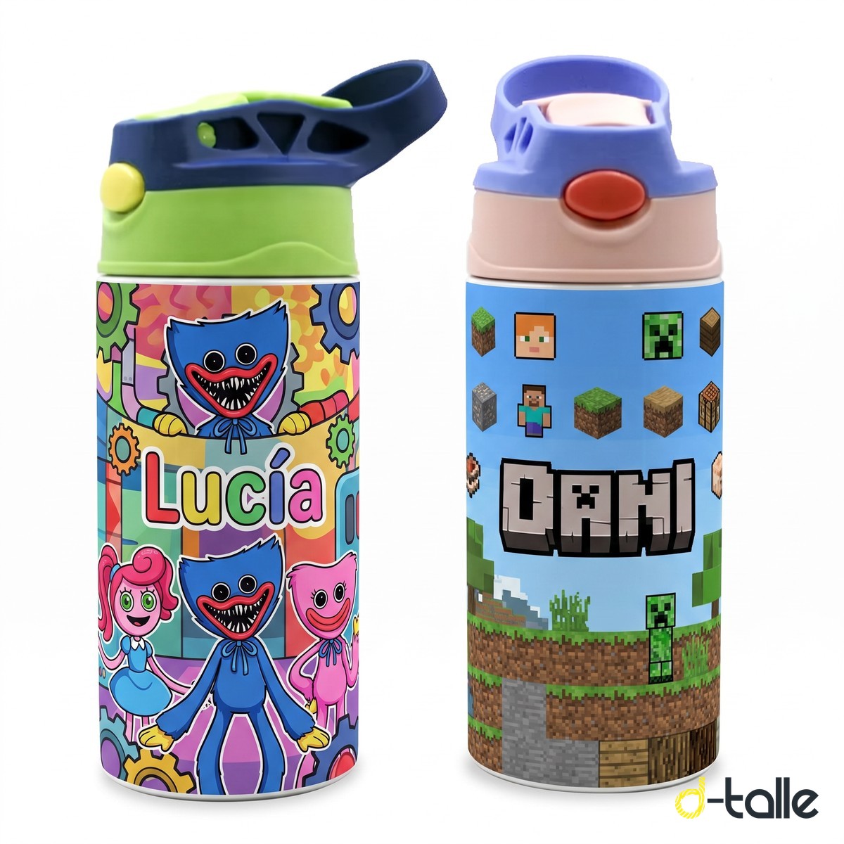 Ampolla tèrmica infantil personalitzada amb nansa 1 Botella infantil de acero personalizada con asa y pajita