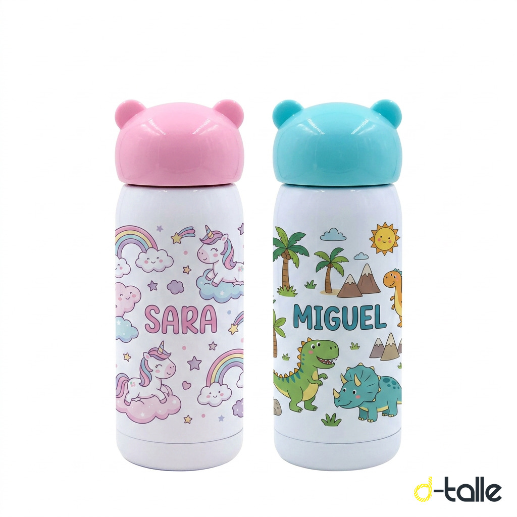 Custom kids bottle with bear lid 1 Botella infantil personalizada con tapa de oso con nombre y dibujo