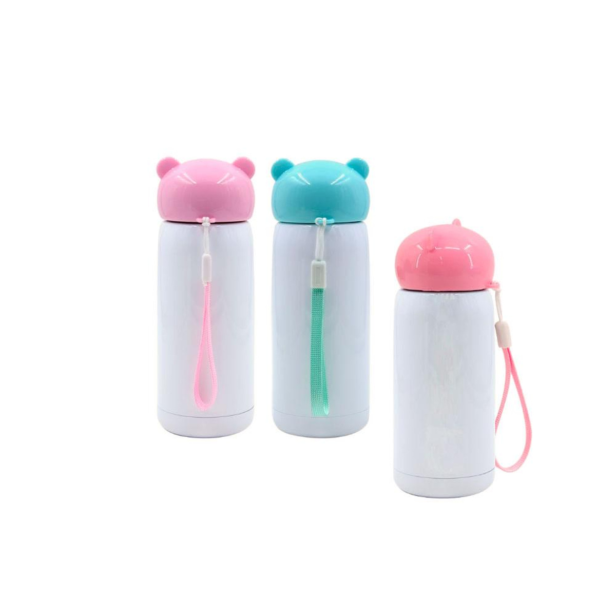Custom kids bottle with bear lid 3 Botella infantil personalizada con tapa de oso, rosa y turquesa
