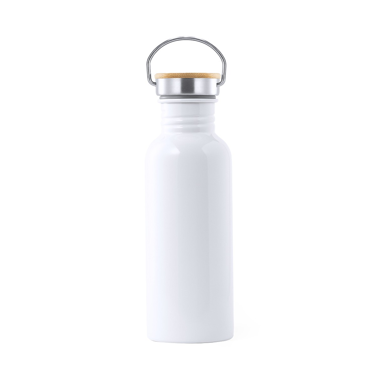 Personalisierte Edelstahl-Trinkflasche mit Bambusdeckel 700 ml 2 Botella de acero inoxidable blanca 700 ml con tapón de bambú y asa sin personalizar