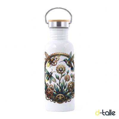 Botella de acero inoxidable personalizada 700 ml con tapón de bambú, asa y diseño a todo color