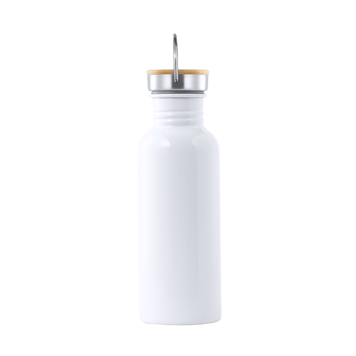 Personalisierte Edelstahl-Trinkflasche mit Bambusdeckel 700 ml 5 Vista lateral de la botella de acero inoxidable personalizada 700 ml con el asa de canto