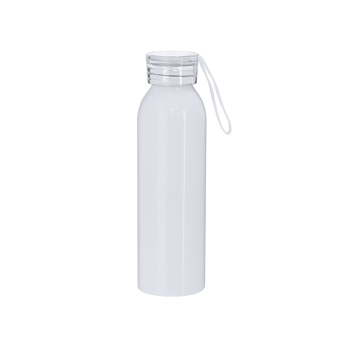Personalisierte Aluminium-Trinkflasche mit Trageschlaufe 650 ml 2 Botella de aluminio blanca 650 ml con tapón translúcido y correa sin personalizar