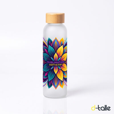Botella de cristal personalizada 500 ml con tapón de bambú y diseño a todo color