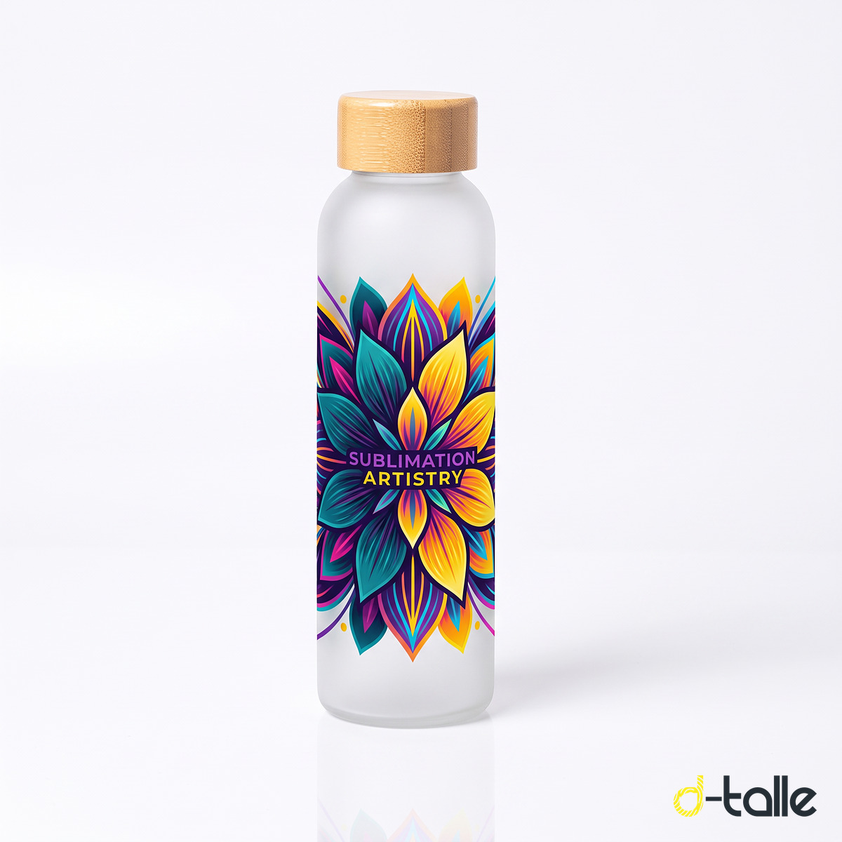 Custom glass water bottle 500 ml 1 Botella de cristal personalizada 500 ml con tapón de bambú y diseño a todo color